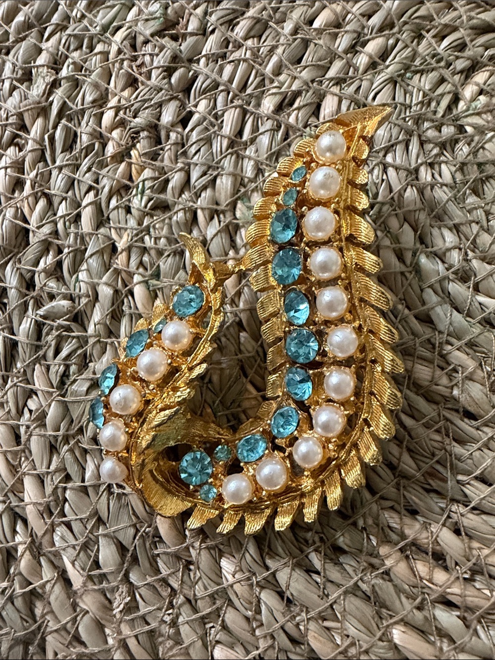 Gold-Tone Pearl & Aqua Crystal Leaf Brooch - Women Jewelry